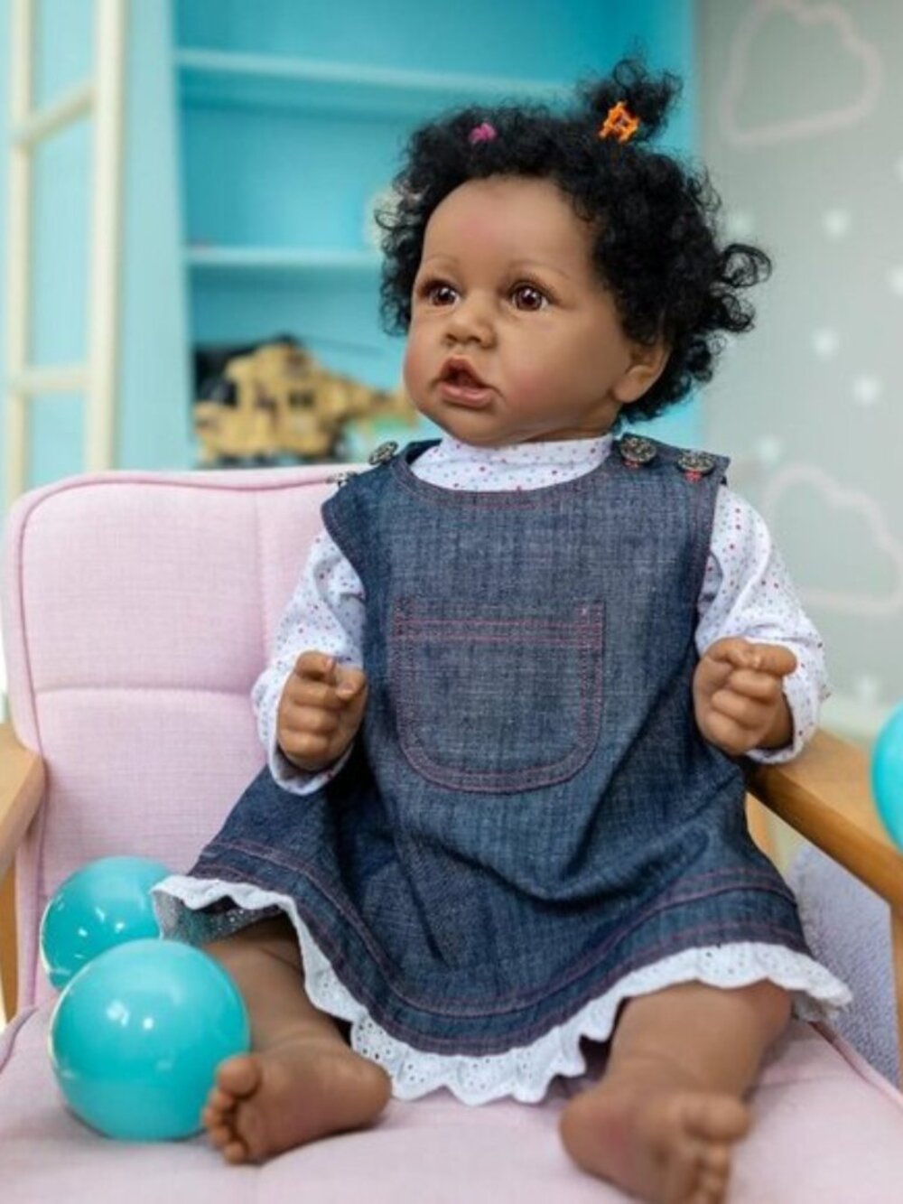 22 Inch Realistic Black Reborn Baby Girl Doll Open Brown Eyes Curly Hair